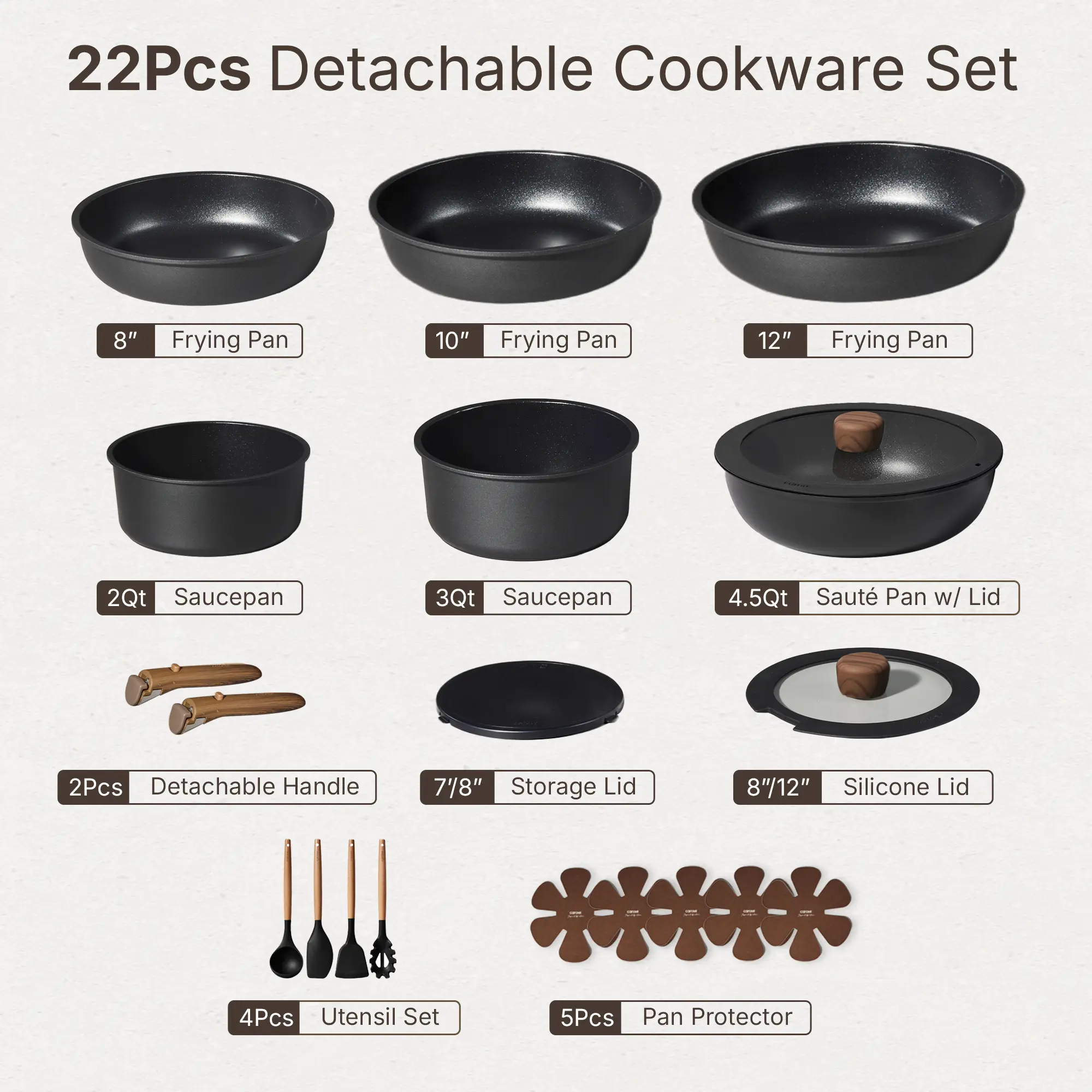 CAROTE 19/22/26pcs Pots and Pans Non Stick, Wooden Detachable Handle, Cookware Sets Induction Kitchen Pots and Pans,NonStick Cooking Set, Oven/Dishwasher/Fridge Safe, Space Saving